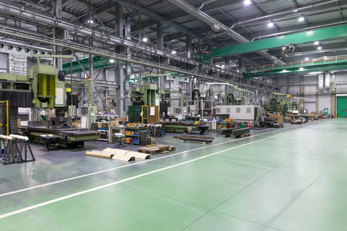 Factory floor lined with industrial machine tools