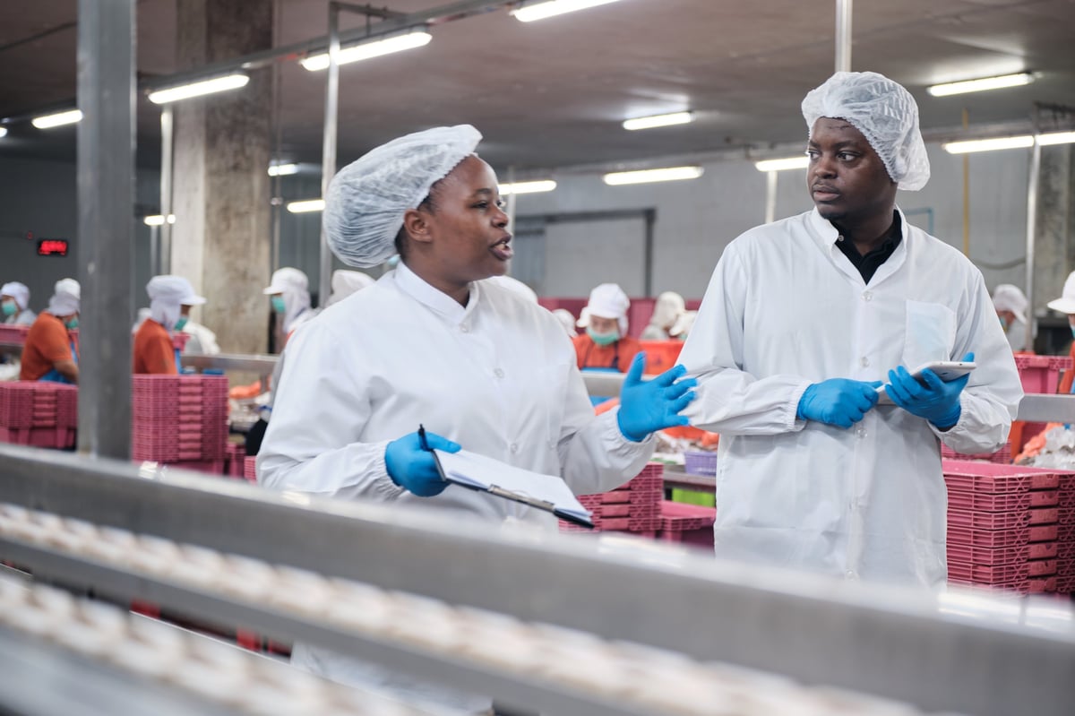 Two supervisors inspecting product quality in a chilled food production area